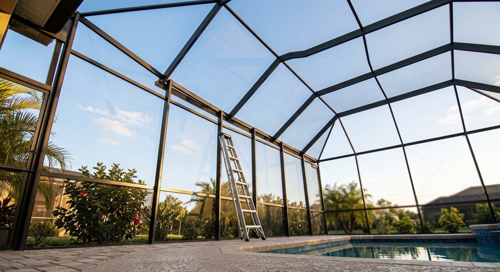 High sloped panels on a two story pool cage in Sarasota, FL, out of reach for a DIY rescreen