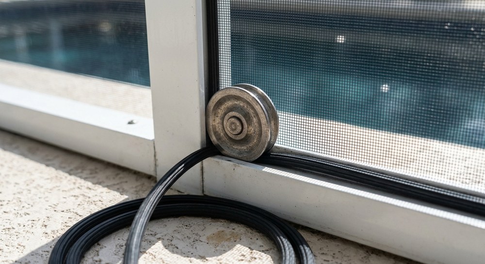 Spline roller seating new pool cage screen into an aluminum frame channel in Sarasota, FL