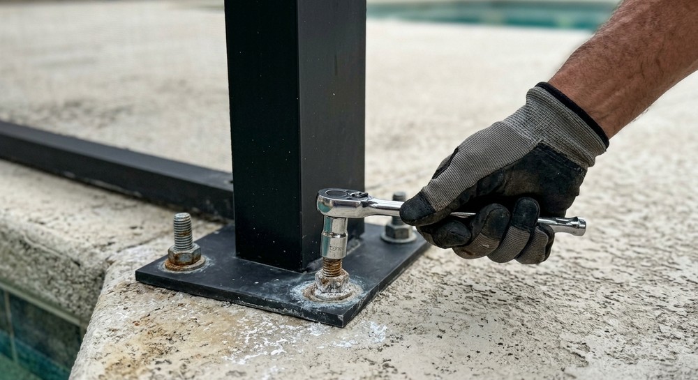 Checking pool cage base plate anchor bolts before storm season in Sarasota, FL