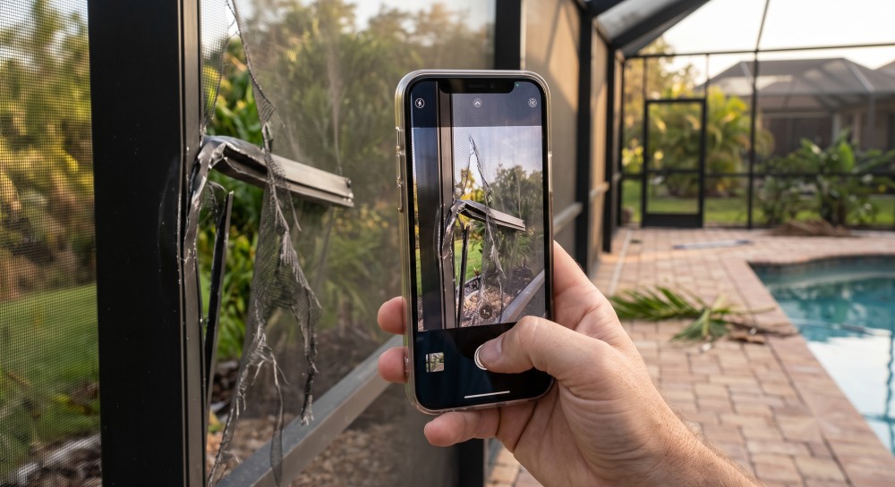 Homeowner photographing pool cage storm damage on a smartphone for an insurance claim in Sarasota, FL
