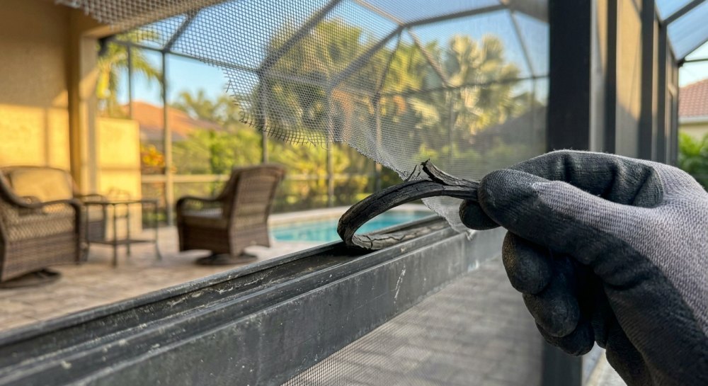 Screened lanai repair, popped spline pulled out of the frame channel