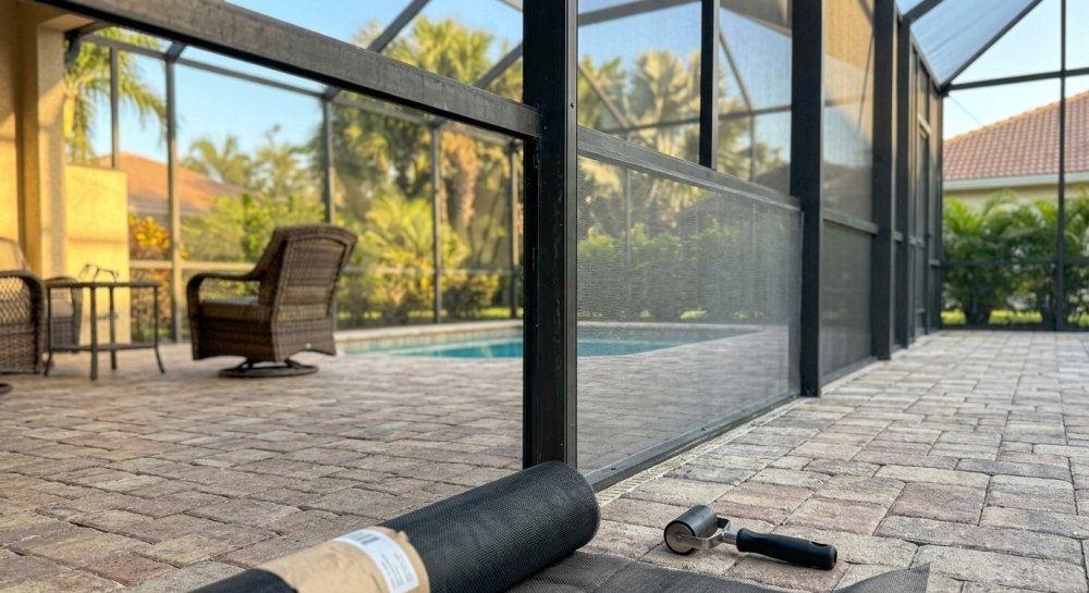 Rescreening a lanai enclosure in Sarasota, one bay stripped and the next re-meshed