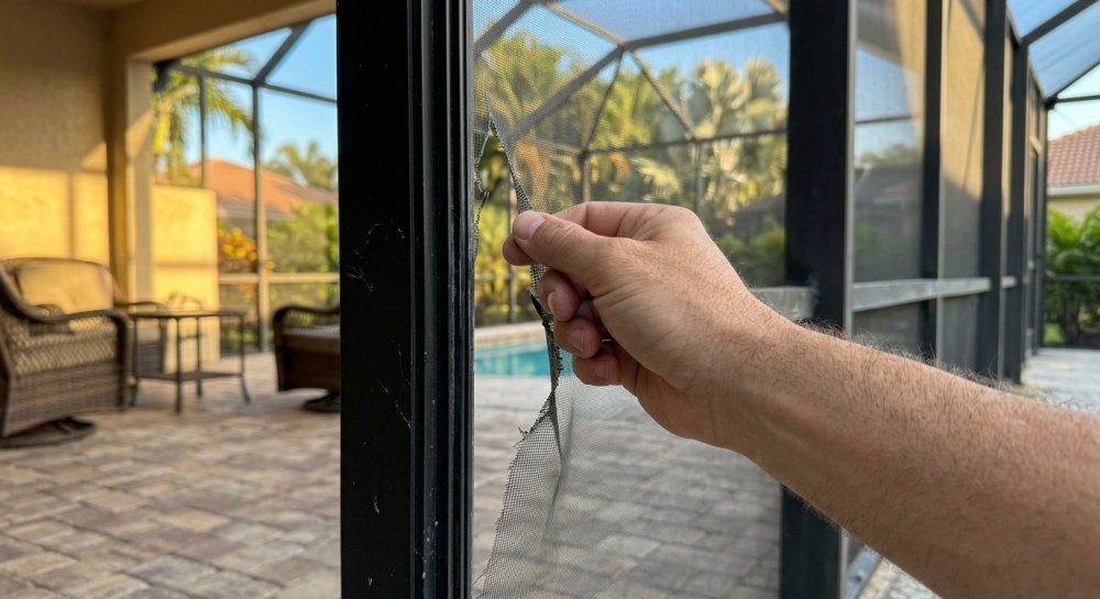 Lanai screen repair in Sarasota FL, pulling back a torn screen panel