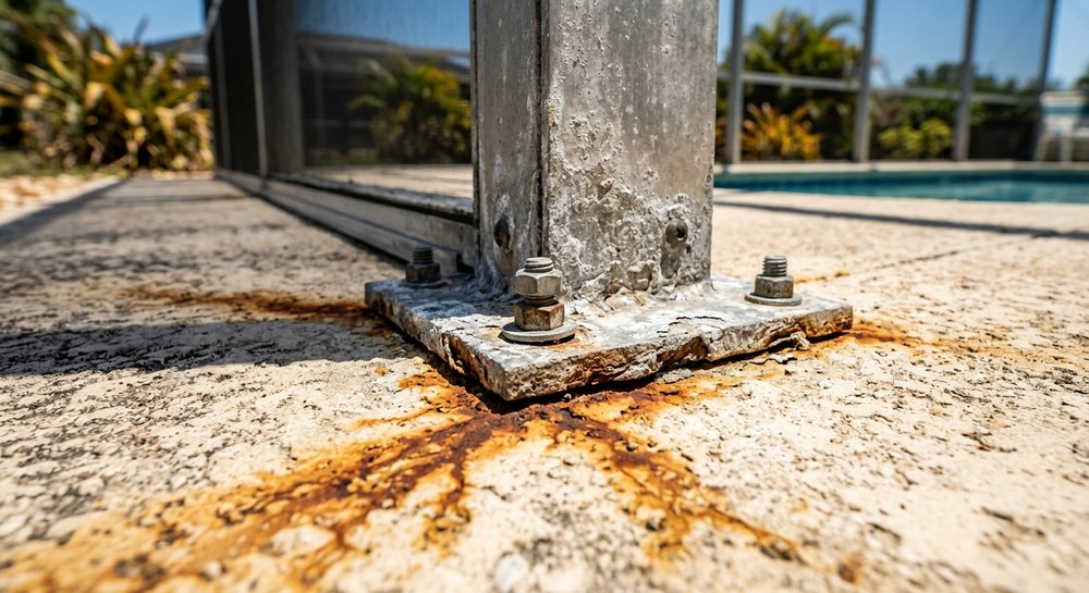 Corroded pool cage base plate and loose anchor at the deck in Sarasota, FL, structural work not a screen repair