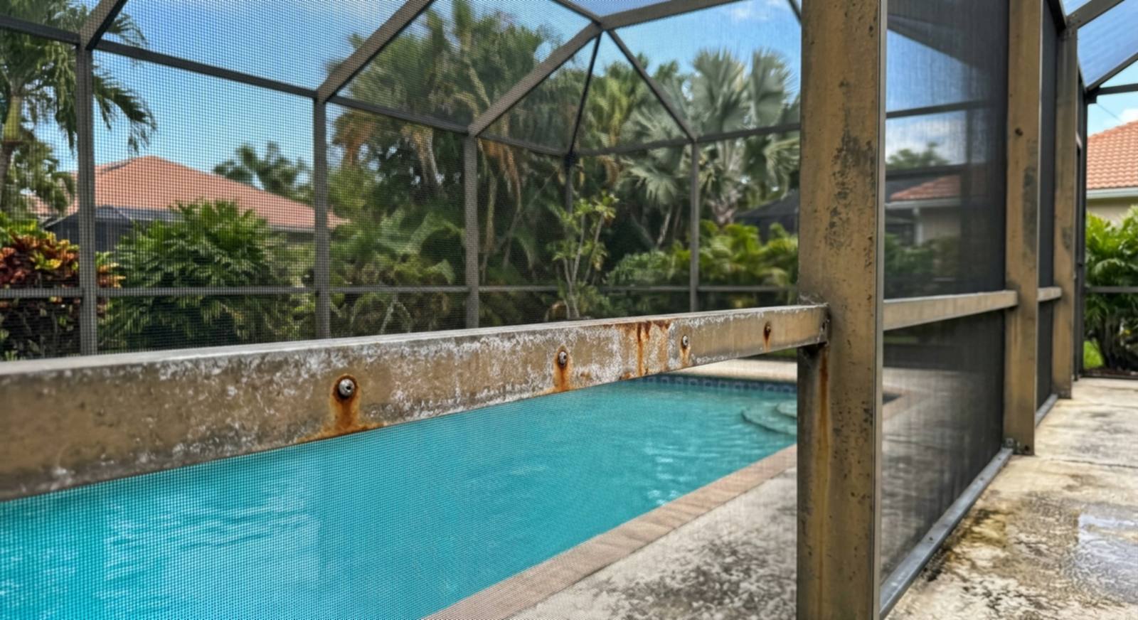 Pool cage painting and aluminum frame restoration in Sarasota, FL