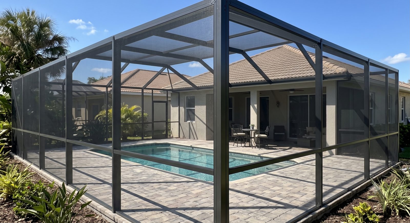 New aluminum pool cage rebuild in progress on a Sarasota, FL home