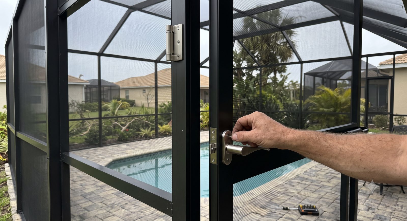 New pool cage screen door replacement in Sarasota, FL