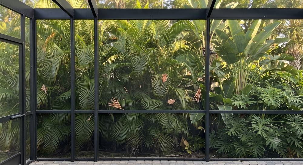 Florida pool cage keeping bugs, leaves, and tropical debris out of a clean pool in Sarasota